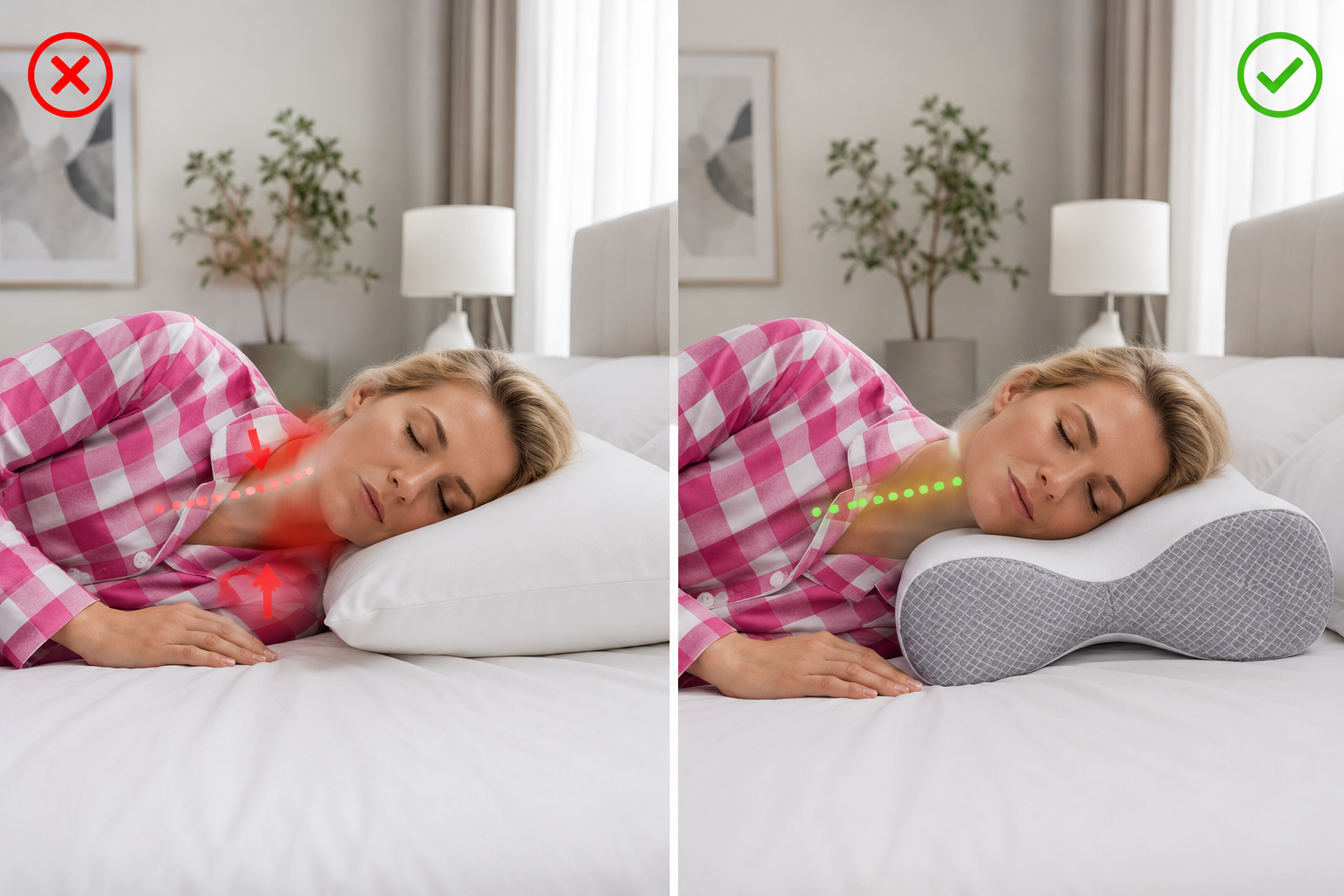 Vorher und Nachher – ergonomische Armaussparung mit Nackora Nackenstützkissen